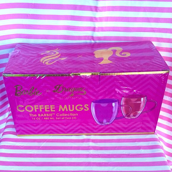 NIP Barbie x Dragon Glass pink double walled coffee mugs new in box never used - Picture 1 of 4
